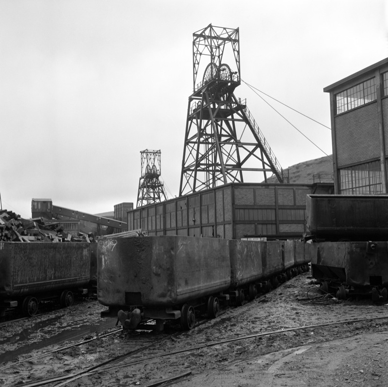 Maerdy Colliery, 1977, empty mine cars waiting at pit top