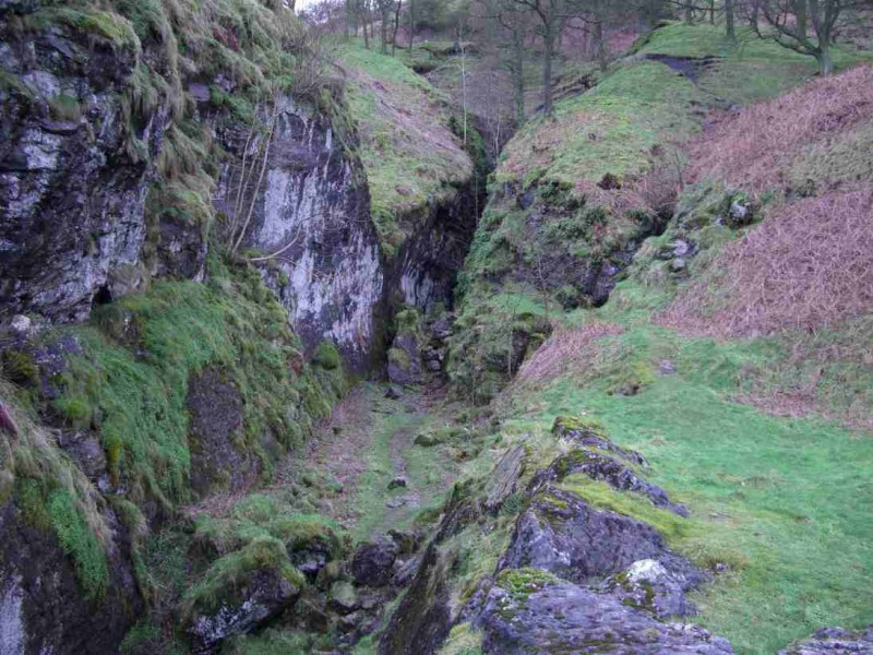 The ravine into the hillside which was the original workings