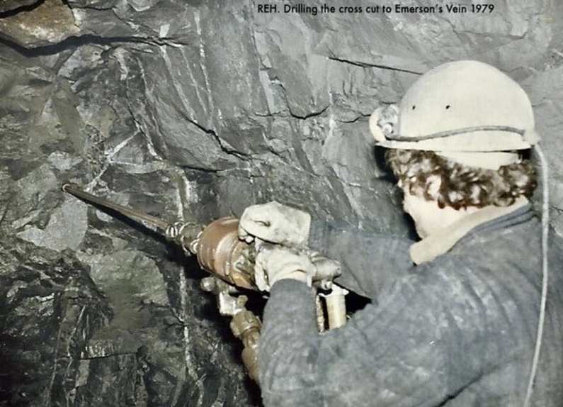 Drilling cross cut to Emerson's Vein 1979 Photo Richard Hewer, submitted by Dickie Bird on 24-03-2026.
© Richard Bird Drilling cross cut to Emerson's Vein 1979 Photo Richard Hewer