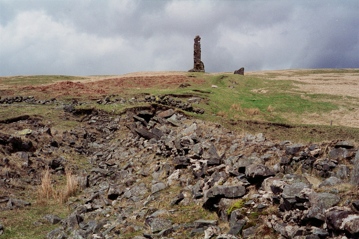 1995 - Ruined smelter chimneys and slab-roofed flues, Woodhead Lead Mine, Carsphairn, Kirkcudbrightshire.