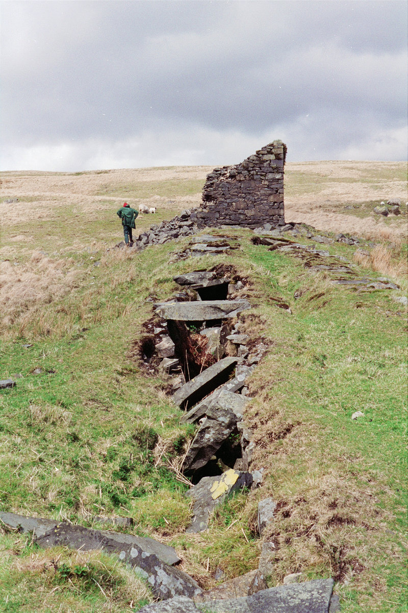 1995 - Trench flue and base of ruined chimney, Woodhead Lead Mine, Carsphairn.