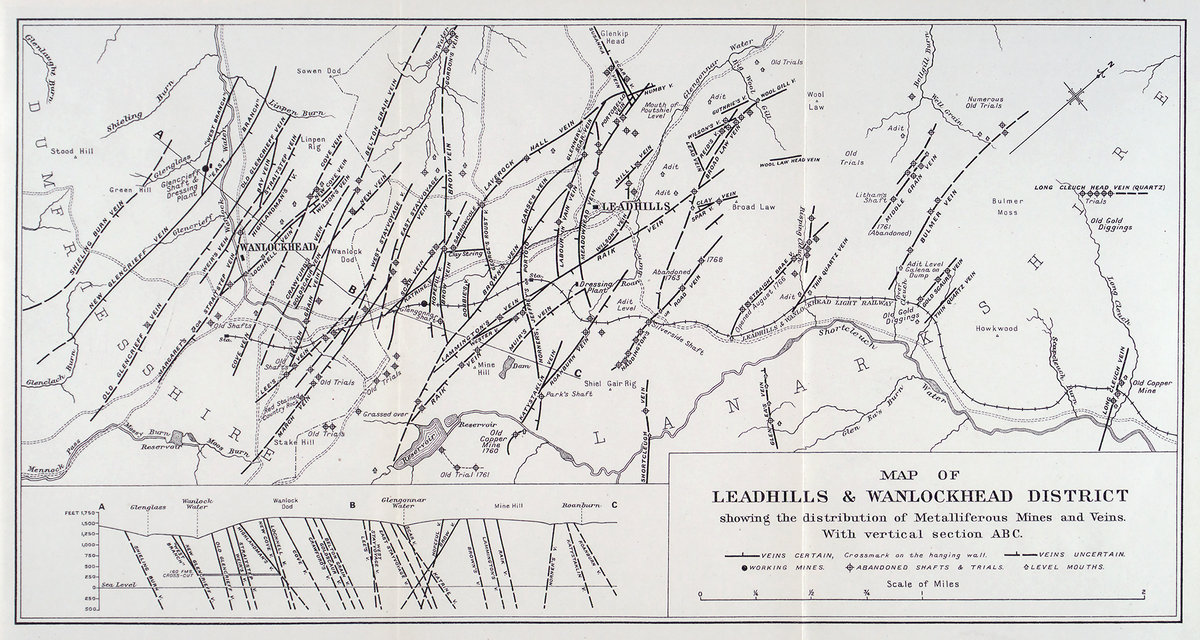25 Jun 1905 - Map of Leadhills and Wanlockhead district showing the distribution of metalliferous mines and veins.